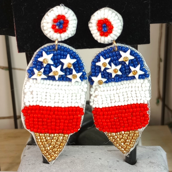 Patriotic Ice Cream Cone Seed Bead Post Earrings by Laura Janelle - Picture 1 of 5